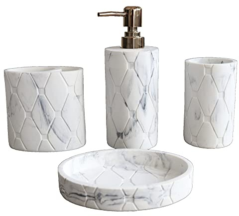 Hymmah Bathroom Accessories Set,Marble Design Toothbrush Holder,Farmhouse Bathroom Decor,4 Pcs Resin Gift Set Apartment Necessities, Contain Toothbrush Cup,Soap Dispenser,Soap Dish,Tumbler