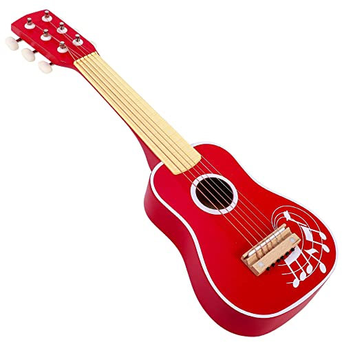 SOKA Wooden Red Guitar Musical Instrument Pretend Play Music Toy Interactive Role Play Game Early Developmental Gift for Children Toddler Kids Boys Girls Ages 3 year old +