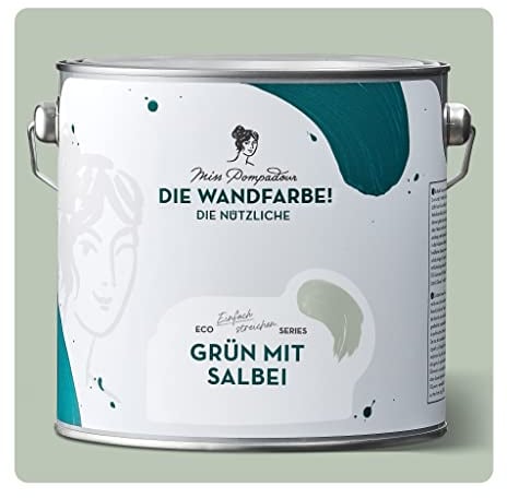 MissPompadour abwaschbare Wandfarbe Grün mit Salbei 2,5L - hohe Deckkraft & Ergiebigkeit - matte, scheuerbeständige Innenfarbe - geruchsarm, wasserbasiert, atmungsaktiv - Die Nützliche