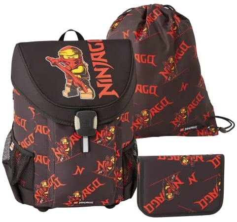 SKANDO BAGS Lego - Jungen Easy Schulranzenset 3tlg. - NINJAGO, Red 2023 - Mit Turnbeutel, Federmäppchen (inkl. Aller nötigen Schreibutensilien) - Leichtgewicht und hoher Komfort