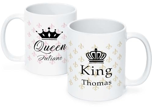 GRAVURZEILE Bedruckte Tassen mit Spruch im Set - King & Queen - Personalisiert mit Namen - Kaffeetasse mit Spruch - Geschenk zum Valentinstag - Geschenke für Sie & Ihn - Farbe: Weiß