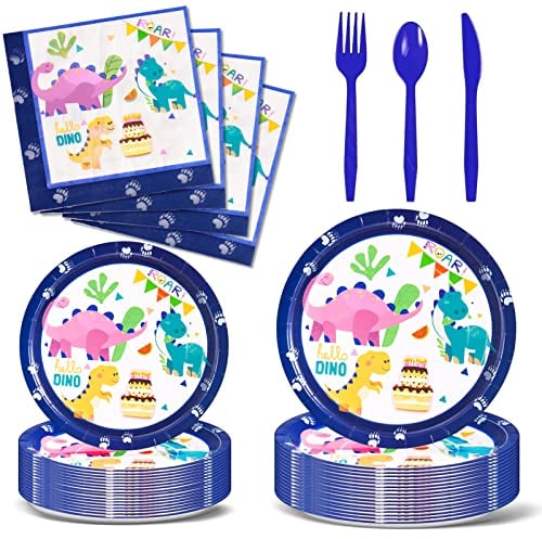 Nkaiso Vajilla para Fiesta de Dinosaurios, 144 Piezas Dinosaurios de Vajilla, Cumpleaños Infantil Party Decoración Set con Platos Servilleta reutilizable Cubiertos - 24 Invitados