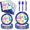 Vaisselle Anniversaire Dinosaures, 144 Pcs Dinosaures Vaisselle de Fête Kit Vaisselles Anniversaire Fille Assiettes Carton Gobelet Serviettes, Fournitures de Fête Réutilisable Baby Shower- 24 invités