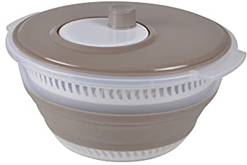 Homéa, Essoreuse à Salade Rétractable Plastique D 28 x H, 8 cm à 15,2 cm Blanc/Taupe