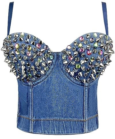Ypser Denim Korsett Top Push Up Bustier Crop Top Korsett Top BH Jean Top, Blau-silberne Niete, Small-Medium