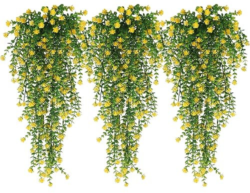 RECUTMS Outdoor Fake Hanging Plants,Hanging Plant Vine,Faux Eucalyptus Leafs Greenery Vine Plant Faux Plants Fake Flowers Greenery for Jungle Theme Party Wedding Decoration(Yellow)