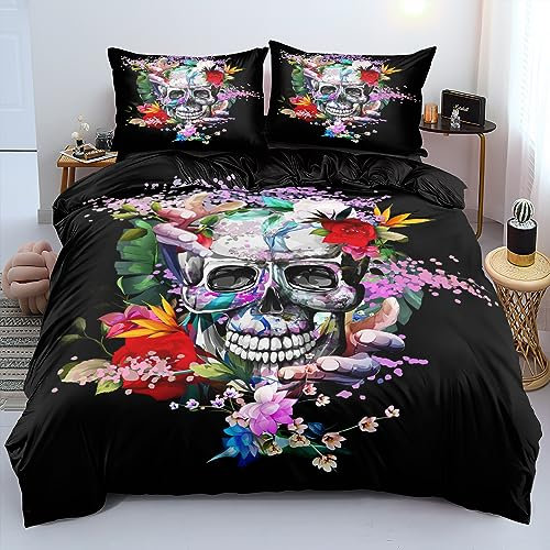 DXHOME 3D Bettwäsche Totenkopf 200x220 3teilig Skull Gothic Motiv Schwarz Bunt Bettwäsche-Set mit Blumen Mikrofaser Bettbezug mit Reißverschluss und 2 Kissenbezüge 80 x 80cm