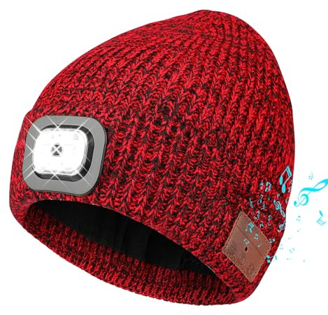 TAGVO Gorro Bluetooth con Linterna LED, Gorro LED Recargable por USB con Auriculares, Sombrero Punto Cálido Iluminado para Deporte de Invierno al Aire Libre Senderismo Camping, Regalos Hombre Mujer