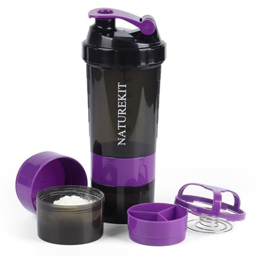 NATUREKIT Shaker Bottle,Protein Shaker with Powder Storage Container 18oz, Leak Proof ，Gym Bottle Portable Pre Workout for Mix & Drink Shakes & Smoothies,Dishwasher Safe,Purple