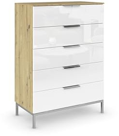 Rauch Möbel Flipp, Hochkommode mit viel Stauraum für Flur, Wohnzimmer, Schlafzimmer, mit Metallkufe chrom, Eiche Artisan/Glasfront Weiß, Holz, 5 Schubladen, Griffe chrom, 80x111x42cm