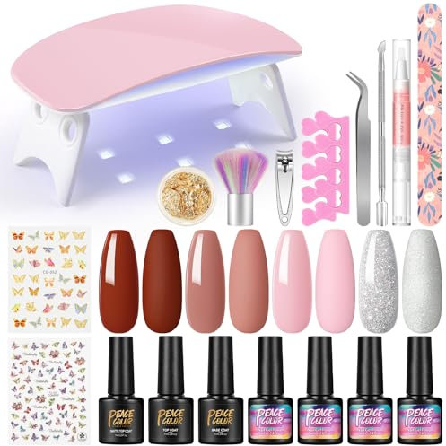 PEACECOLOR Gel Nail Polish Set with Lamp Starter Kit, Pink Red Glitter Colors for Gel Nails with Glossy & Matte Top and Base Coat Nail Art Stickers, Gel Nail Kit for DIY Nail Art at Home Salon
