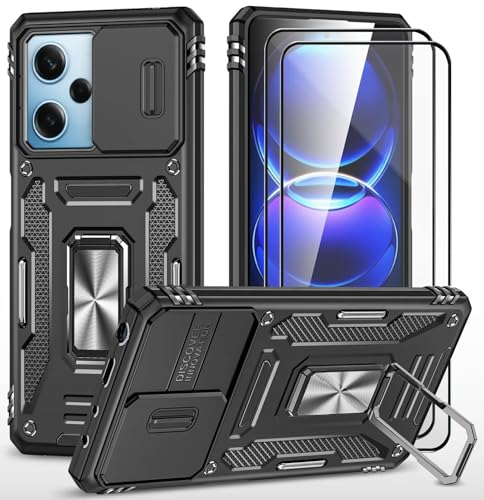 CLYDITE Hülle für Xiaomi Redmi 12/Redmi 12 5G handyHülle mit Slide Camera Gehärtetes Glas Schutzfolie [2 Stück] Schützen Ständer Silikon Rüstung Hardcase Stoßfeste Hüllen-Schwarz