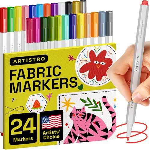 ARTISTRO 24 Fabric Markers - Fine Tip Fabric Markers Permanent for Clothes - No Bleed Fabric Pens for T-Shirts, Bags, Textile, Canvas, and more