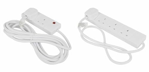 STATUS White Extension Lead | 6m Extension Cable with 2 Sockets with Neon Indicator | S2W6MS8 & Multi Plug Extension | 4 Socket Extension Cable | 1m Extension Lead | 4WS1M20