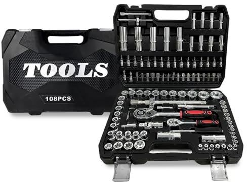 BM TOOLS Coffret Kit Outils 108 pcs BMT-108-PCS Clé à Cliquet Douille Acier Vanadium Douilles, Mécanicien, Garagiste, Bricoleur