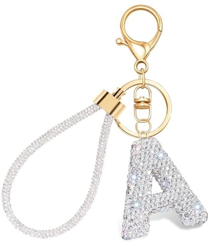 Porte-clés avec Initiales Strass étincelants Porte-clés Alphabet A-Z avec Cordon Pour Clé de Voiture sac à dos Charme Argenté Brillant et Mignon