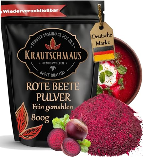 800g Rote Beete Pulver von Krautschmaus, zum Färben, Würzen und Kochen, schonend getrocknet und gemahlen, intensive Farbe, für Desserts, Smoothies und Joghurts, ohne Zusatzstoffe