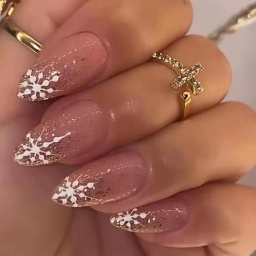 Mgmxbsth 24pcs Almonds False Nail,Press on Nail,Snowflakes Stick on Nails,French Tip False Nails, Glitter Full Cover False Nails,Stick on Nails with Jelly Gluel(Snow Drifts)