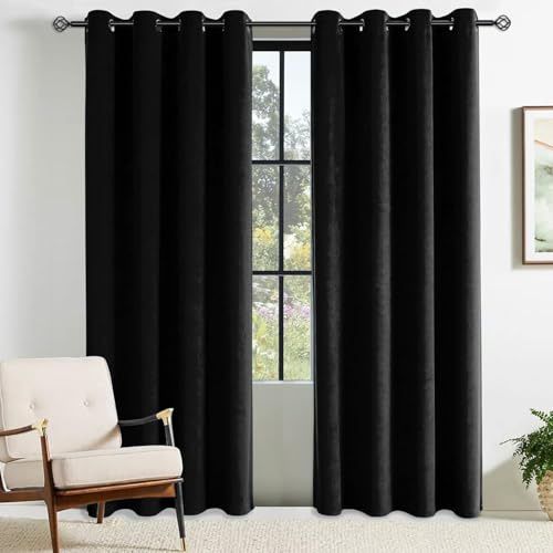 CUCRAF Blackout Curtains for Bedroom Velvet Black 2 Panels W 46 x L 54 Ring Top Eyelet Soundproof Curtain Kidsroom and Living Room Thermal Insulated