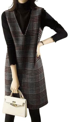chouyatou Women's Vintage Plaid Wool Overall Jumper Dress Wool Blend Tunic Tank Mini Dress with Pockets (Medium, Plaid)