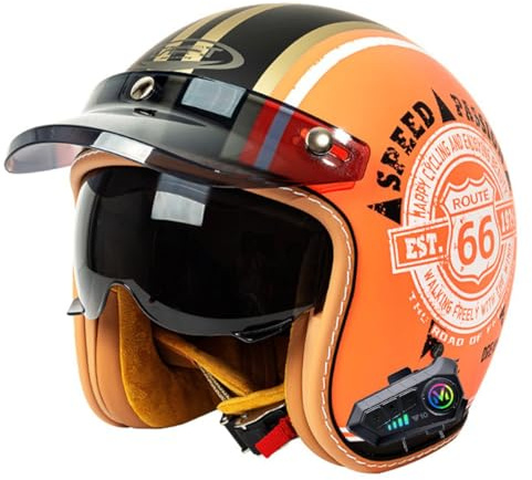 Bluetooth Jethelm Vintage Motorradhelm ECEDOT Zulassungiber Winddichter Motorrad Halbhelm Für Herren Damen Mit Sonnenblende Retro Halbschalenhelm Roller-Helm Scooter-Helm 6,M:57-58CM