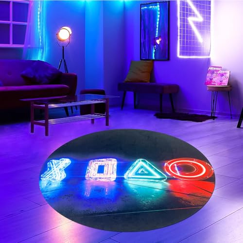CARPETIA Teppich Rund Gamer-Bereich modernes flach strapazierfähig pflegeleicht angenehme Haptik Jugendzimmer Zockerzimmer Wohnzimmer Trendige Einrichtung Material in Schwarz & Neonfarben 160 cm Rund