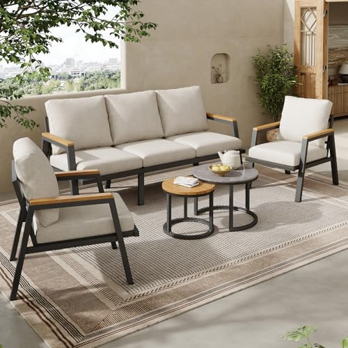 Ensemble salon de jardin, ensemble de meubles de jardin avec coussins confortables, canapé 3 places, 2 fauteuils et 2 tables basses, plateau en verre laqué marbre et plateau en bois synthétique