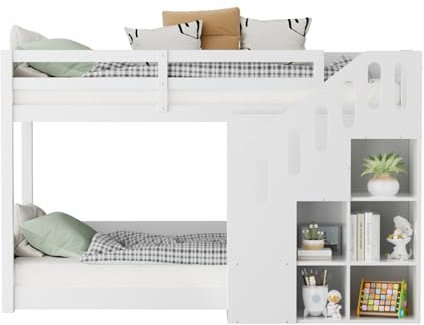 WEALTHOUSE Cama alta de madera maciza con escalera lateral y estante incorporado, cama doble que ahorra espacio con marco de seguridad, espacio de almacenamiento integrado, muebles funcionales para un