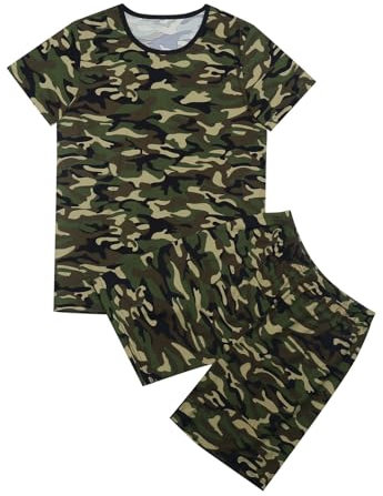 Generisch Tuta da bambino per ragazzi e ragazze, pantaloncini estivi, set grafico Camo-T in pile, pigiama per bambini, Mimetico, 7-8 Anni