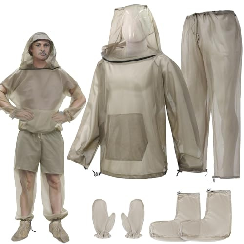 Mosquito Bug Suit for Men Women, 4 Pcs Full Body Mosquito Net Suit Including Mosquito Jacket with Hood, Pants, Gloves, Socks Breathable Mesh Mosquito Proof Clothing for Fishing, Hiking, Gardening