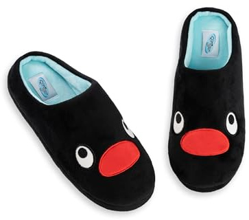 Pingu Mule Slippers for Women | Black Fluffy Indoor Slippers | Comfortable Footwear for Home | Cartoon-Themed Loungewear Merch