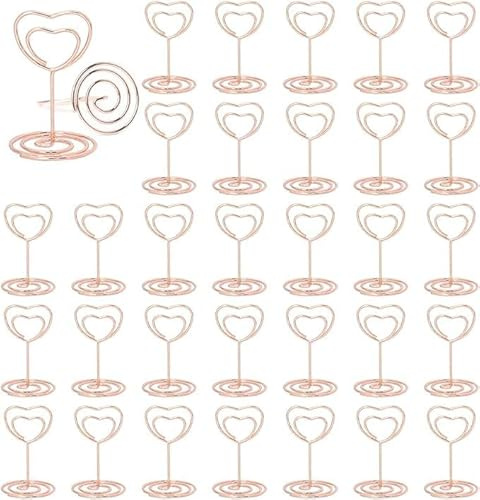 GUOYOU 30 Pcs Table Number Holders, Metal Photocard Holder 32x 50MM | Menu Holders Table Number Stands Holder Clips for Place Cards Memo Photo Menu Wedding Anniversary Party（Rose Gold Heart）