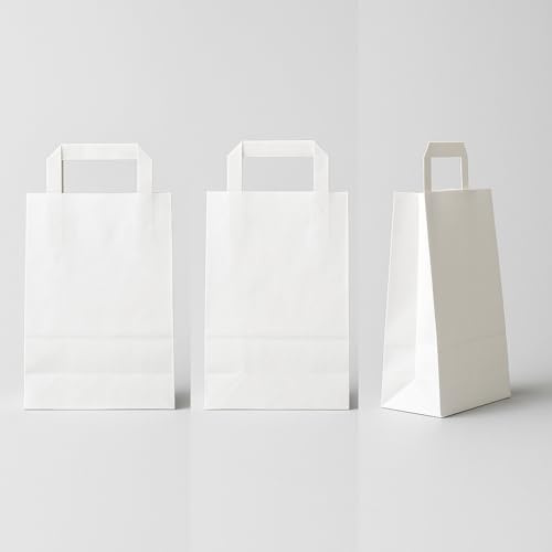 Bolsas de Papel – Multipack 50 Bolsas de Papel Blancas con Asa Plana– 22 x 10 x 29 cm – Bolsa Kraft Resistente para Comercio y Hostelería
