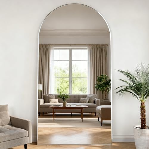 NEUWEABY 198x96 cm Spiegel in Voller Länge Gewölbter Spiegel, Großer Bogen Ganzkörperspiegel Bodenspiegel mit Ständer Hängend oder an die Wand gelehnt für Wohnzimmer, Silber