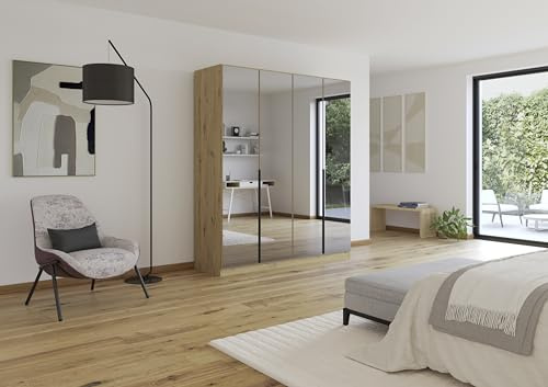 Rauch Möbel Skyla, Kleiderschrank, Farbe Eiche Artisan, Breite 181 cm | Schrank, 4-türig, mit Grauspiegel, für Schlafzimmer, Kinderzimmer, Jugendzimmer, Wohnzimmer, Garderobe, Flur