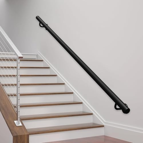 Corrimano per scale moderne, ringhiere per scale in ferro zincato nero, asta di supporto per corridoio, corrimano in metallo per montaggio a parete per interni ed esterni con staffe(480cm)