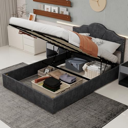 Boxspringbett 160x200 cm Grau | Modernes Schlafzimmermöbel mit Stauraum & Geometrischem Kopfteil | Hochwertiges Rippenbettgestell & Pneumatik-System | Sofort Aufbaubar