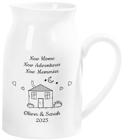 Personal Chic Personalised Ceramic Vase - New Home New Adventures - Jug Vases For Flowers, Personalised Flower Vase, New House Gift Ideas; Housewarming Gifts For New Home (Model 2)