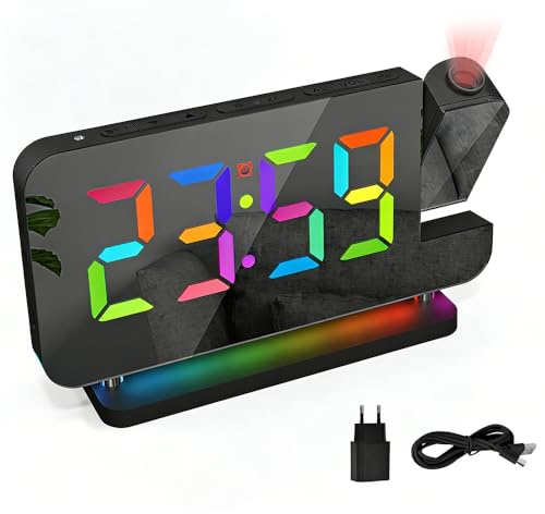 RNPKZ Wecker mit Projektion, 7.3 Projektionswecker mit 180° drehbarem Projektor, Schlummern, 11 Farben RGB Ziffernanzeige, 6 Helligkeitsstufen, Auto Dimmer, 6 Lautstärkestufen, USB C/A Ladeanschluss