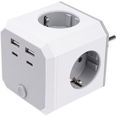 DEWIN Cubo Enchufe 8 en 1, Enchufe Multiple con Interruptor 4 Tomas de Corriente 2 Puertos USB-A y 2 Puertos USB-C, Ladron Enchufes 4000W para Hogar Oficina Viajes