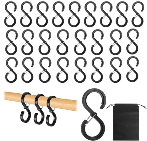 25 ganci a S neri piccoli con borsa portaoggetti, ganci a S per appendere, ganci a forma di S, ganci in plastica, ganci per appendere, ganci per asta appendiabiti, per cucina, bagno, camera da letto e