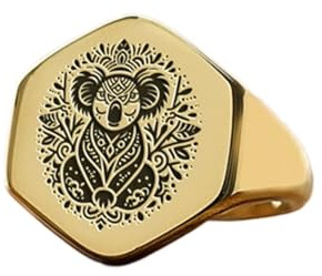 Bague koala hexagonale | Argent sterling 925 plaqué or | Bijou cadeau, chevalière style vintage, bijou hypoallergénique fait main | WW_PDR_01125