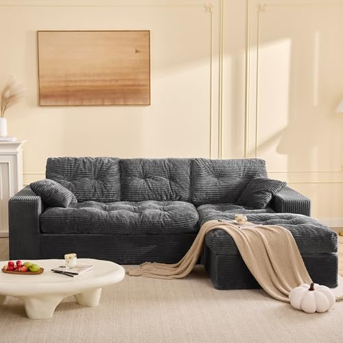 Litbird 3‑Sitzer Ecksofa Grau – Modulares Sofa mit Recamiere, Cordstoff Bezug, Schlafsofa & Relaxsofa, Wohnzimmer Sofa ohne Montage, 3‑Sitzer Sofa für geräumiges Wohnzimmer