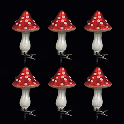 Ecosides Pack of 6 Mushroom Shaped Christmas Ornaments Painted Glass Ornaments with Alligator Clip for Christmas Tree Decoration