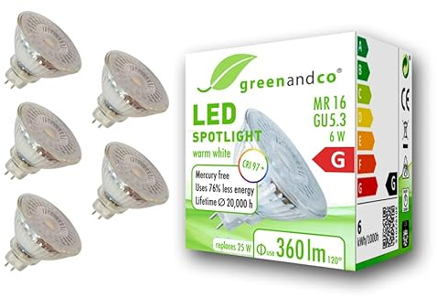 greenandco 5x CRI 97+ MR16 GU5.3 LED Spot | 6W 360 lm | 2700K warmweiß | 110° | 12V AC/DC | nicht dimmbar