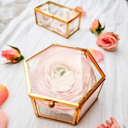 SKYLANTERN Boîte à Bague Mariage Hexagonale - Boite Alliance Mariage en Verre et Métal - Boîte à Bijoux Or - Boîte à Bague de Demande en Mariage, fiançailles
