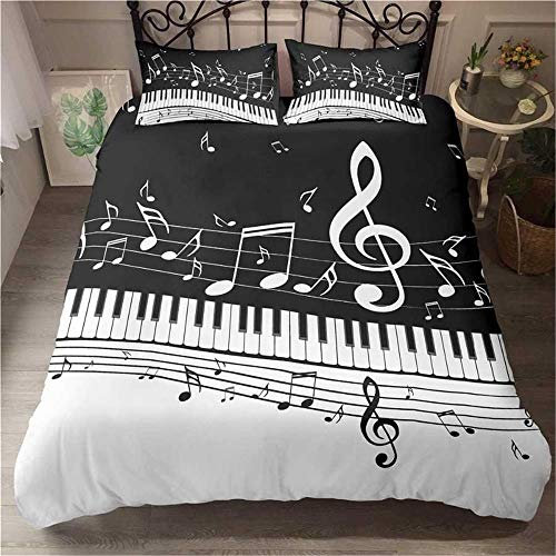 MENGBB 3D Bettbezug Bettwäsche Set Schwarz weiß romantisch Musik Klavier Noten, 135x200cm Gesamt 4 Größen, Bettwäsche-Set mit Reißverschluss, Bettbezug + 2 x Kissenbezügen 80x80cm, Mikrofaser Super We