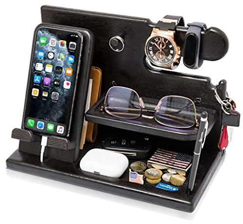 TESLYAR Männer Docking Station & Schreibtisch Organizer Holz mit Handyständer Schwarz für Büro Aufbewahrung & Organisation/Geschenke aus Holz für Männer/Herren Geschenke zu Weihnachten Geburtstag