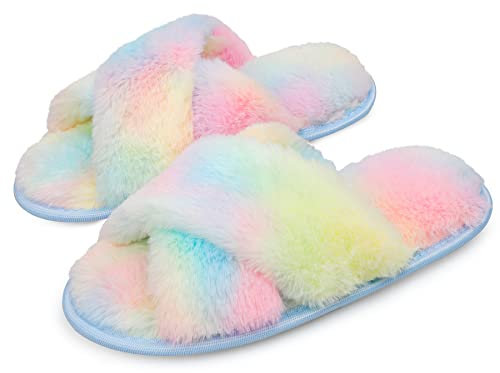 LARGERED Hausschuhe Damen Winter Warme Pantoffeln Memory Foam Plüsch Hausschuhe mit Kreuzband Bequeme Rutschfeste Flache Slippers Indoor Outdoor,Flauschige Hausschuhe Regenbogen,Gr.36/37EU