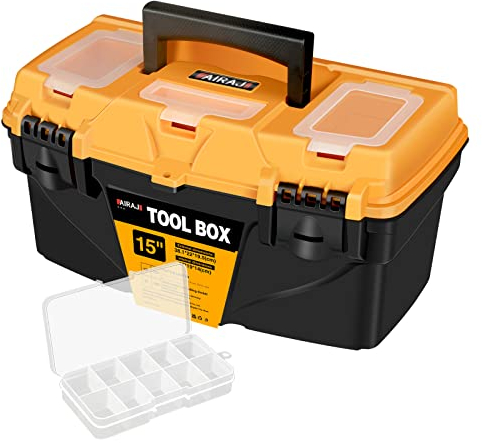 AIRAJ PRO Waterproof Toolbox Storage,15Plastic Tool Box With Removable Tray,3 Transparent Storage Room,2 Hard Plastic Clips,Tool Storage Box for Household Tools,Toys,Decorations and Stationery